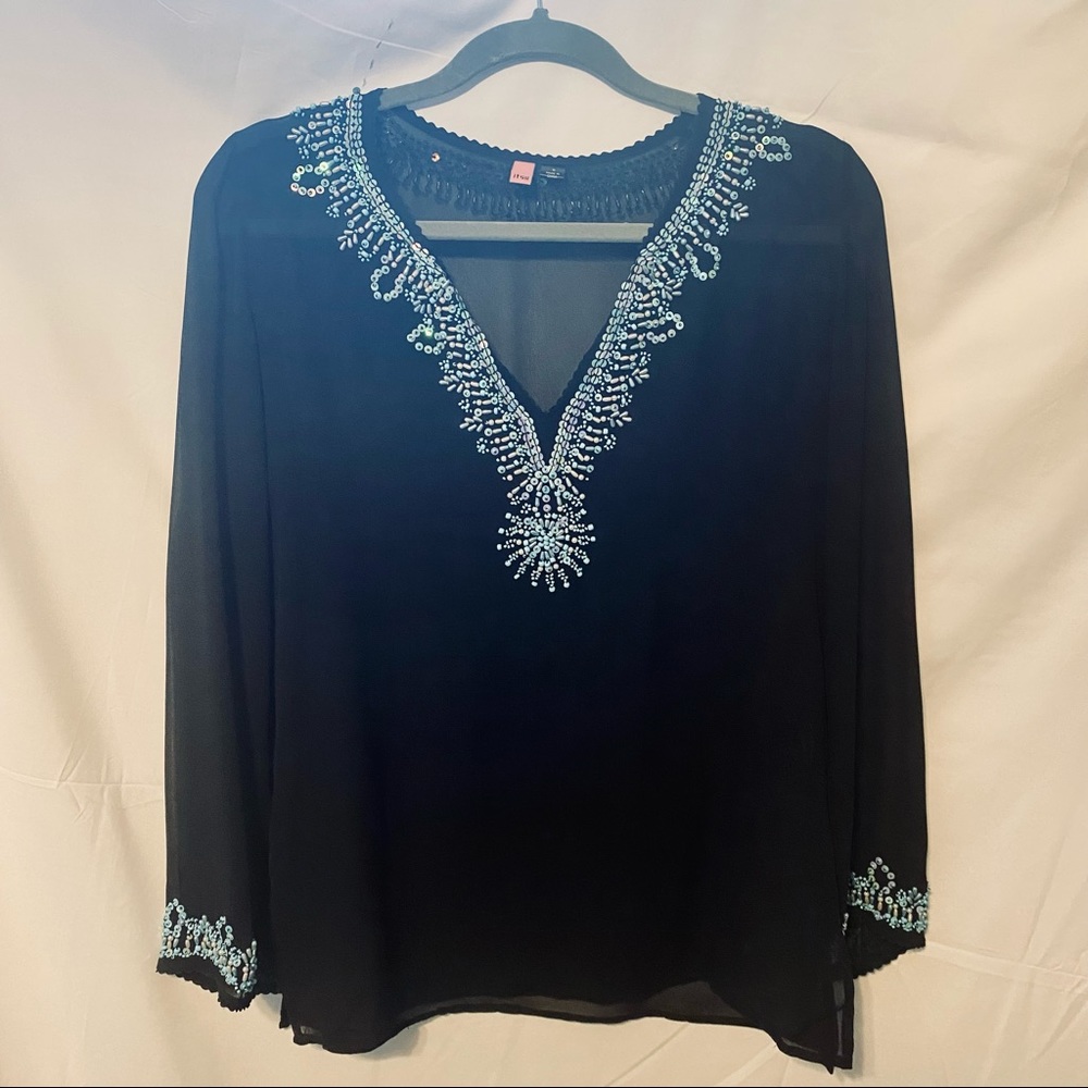 Itsu Sheer Black 100% Silk Turquoise Beaded V-Neck Top Size 6